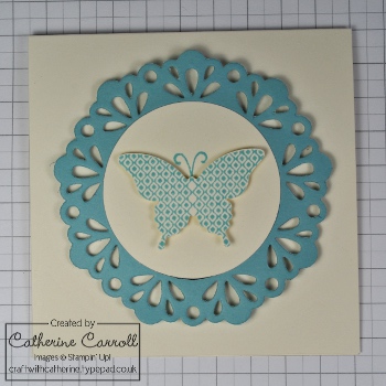 Papillon Potpourri card with delicate doilies